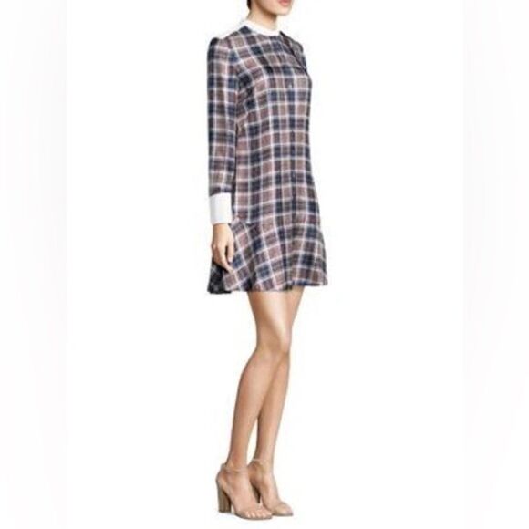 Tory Burch Cora Milano Tartan Silk Mini Brown Blue Shirt Dress Plaid Size 0 - Picture 6 of 15